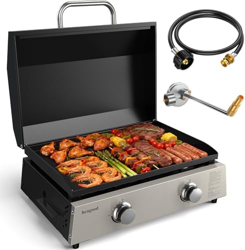 Flat Top Gill, Outdoor Griddle 22” Tabletop Gas Griddle with Hood for Outdoor Camping Tailgating (24000 BTU, 2 Burner, Carbon Steel Plate)