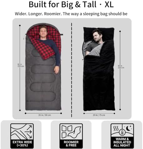 Winter Flannel Sleeping Bags XL for Big & Tall Adults, Cold Weather Camping
