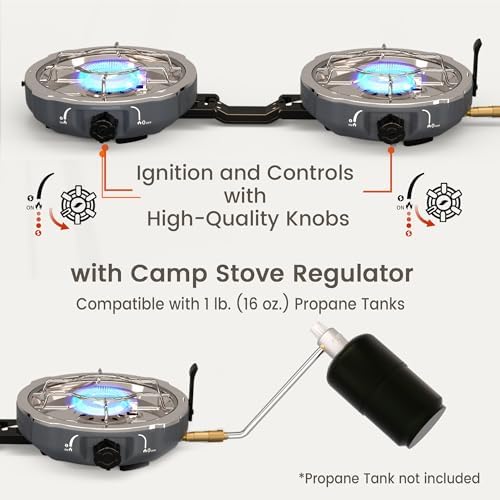 Cofiyard 20,000 BTUs 2 Burner Propane Camping Stove, Portable Folding Camp Stove with Adjustable Burners, Built-in Ignition and Carrying Bag, Dual Gas Stoves for Tailgating, Camping, BBQ Overland Grey