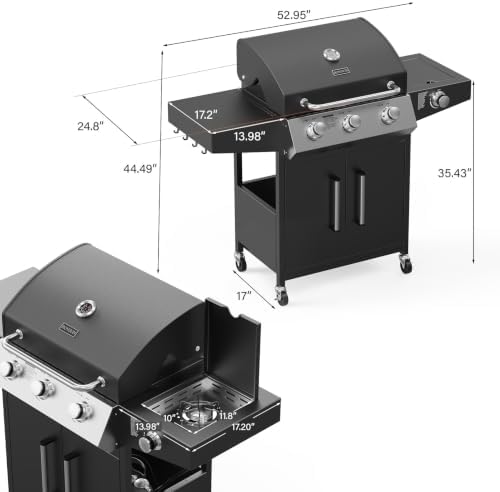 ROVSUN 3 Burner Propane Gas Grill with Side Burner, 46,000BTU BBQ Grills with Enameled Cast Iron Grates, Shelf & Cabinet for Outdoor Garden Patio Backyard Barbecue Cooking