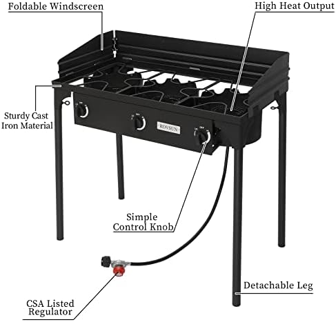 Bonnlo 3-Burner Outdoor Portable Propane Burner Stove 225,000-BTU Gas Cooker with Windscreen & Carrying Bag, Heavy Duty Iron Cast Patio Burner with Detachable Stand Legs for Camp Cooking