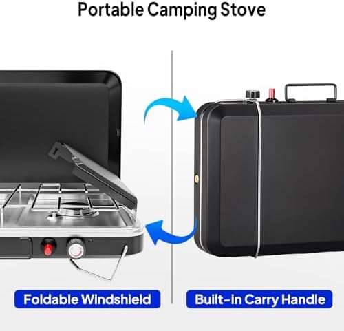 Bonnlo 2 Burner Camping Stove with Igniter, 20000 BTU Portable Propane Gas Stove with Built-in Handle & Foldable Wind Panel, Tabletop Outdoor Stove for Camping Kitchen, Tailgating, Grilling