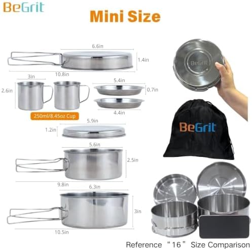 BeGrit Stainless Steel Camping Cookware Pot and Pan Set for Backpacking
