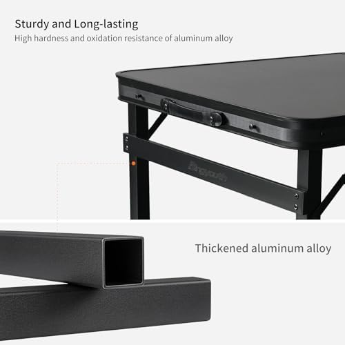 Folding Camping Table, Black Aluminum Frame,3-Position Adjustable Height,Lightweight Carry Handle, Portable for Travel, Camping Outdoor Use, 4FT x 2FT(Large), Black