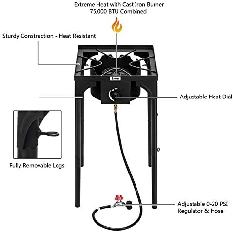 Single Burner Camp Stove, Outdoor Camping Stove 1 Burner Propane Cooker w/Detachable Legs & CSA Regulator for Camp Paito RV, Cast Iron, 75,000 BTU
