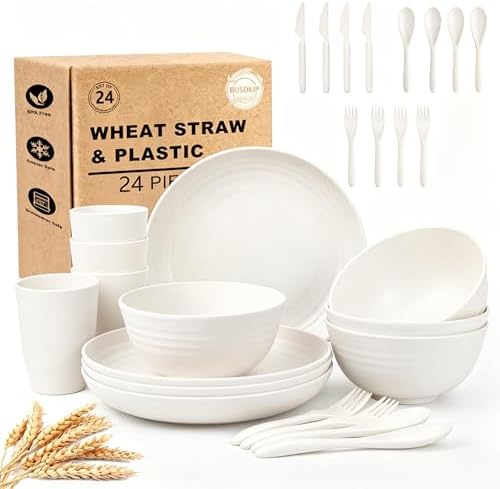 Kids Dishes Set for 4, Wheat Straw Plate and Bowl Set for 4 - White