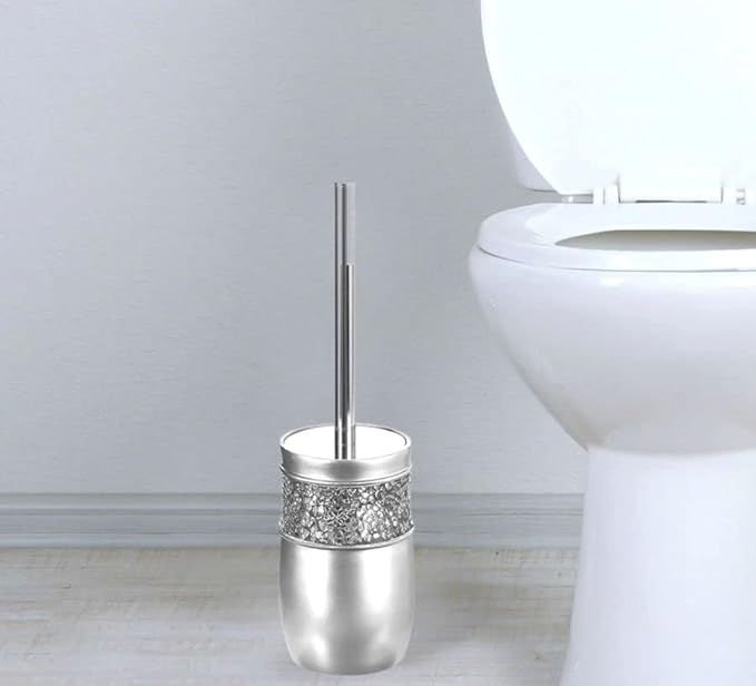 Crackled Glass Toilet Brush with Holder - Silver Toilet Bowl Cleaner Brush and Holder - Good Grip, Deep Cleaning, Decorative Design Compact Toilet Bowl Scrubber