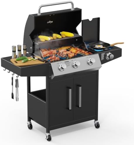 ROVSUN 3 Burner Propane Gas Grill with Side Burner, 46,000BTU BBQ Grills with Enameled Cast Iron Grates, Shelf & Cabinet for Outdoor Garden Patio Backyard Barbecue Cooking