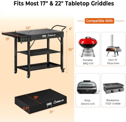 Grill Cart, 19 inch,3 Tier Foldable Grill Table with Wheels 500 Lb