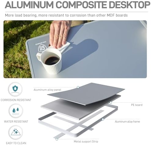 EVER ADVANCED Large Camping Table for 4-6 Person, Portable Folding Aluminum Table with Carrying Handle, Suitable for BBQ, Picnic, Camping and Indoor Use, Support up to 130LBS, Silver