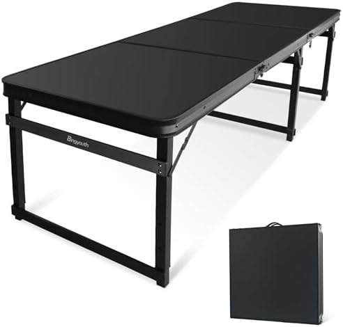 Folding Camping Table, Black Aluminum Frame,3-Position Adjustable Height,Lightweight Carry Handle, Portable for Travel, Camping Outdoor Use, 6FT x 2FT(X-Large), Black