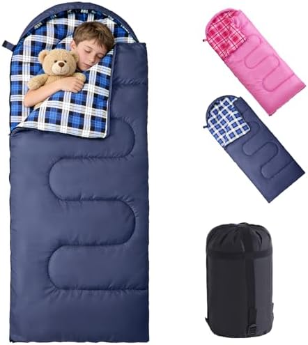 Uniqwamer Kids Sleeping Bag for Girls Boys - 4 Seasons Cold & Warm Weather Flannel Camping Sleeping Bags, Lightweight & Waterproof 45°F Sleeping Bag for Camping Hiking Outdoor Travel