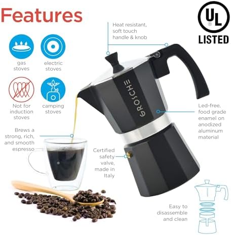 GROSCHE Milano Stovetop Espresso Maker Moka Pot 6 espresso Cup, 9.3oz Black