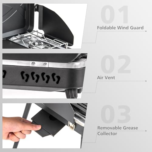 LDAILY 2-Burner Portable Gas Grill, Portable BBQ Grill Propane with Removable Legs, 20,000 BTU Dual Cooking Zones, Wind Guard & Foldable Design, Outdoor Camping Stove, Picnics, Party (Black)