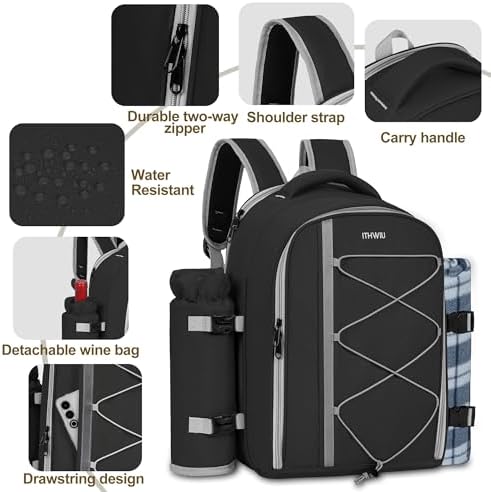 Picnic Backpack for 4 Persons with Insulated Leakproof Cooler Compartment, Cutlery Sets, Wine Holder, Fleece Blanket, Wedding Gifts for Couples, Perfect for Beach, Camping, Hiking, Black