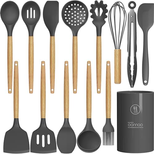 oannao Silicone Cooking Utensils Kitchen Utensil Set - 446°F Heat Resistant Silicone Kitchen Utensils Set, Spatula,Turner Tongs, Spoon, Whisk,Kitchen Gadgets for Nonstick Cookware, BPA Free (Gray)