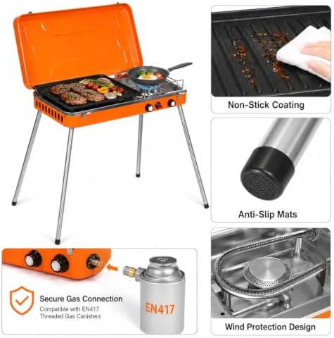 Propane Camping Grill 11,720 BTU Dual Burner, Portable 2-in-1 Tabletop BBQ Stove with Non-Stick Coating, Anti-Slip Mats, Easy Carry Handle for Camping, Picnics, Tailgating