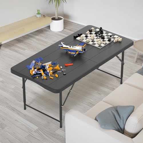 VINGLI 4 FT Plastic Folding Camping Table,3-Level Adjustable Height, Portable in/Outdoor Party Picnic Dining Desk,Off-White Garden Soccer Multipurpose Entertaining Activities, Black
