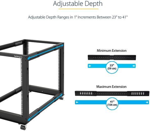 StarTech.com 4-Post 12U Mobile Open Frame Server Rack, 19in Network Rack with Wheels, Rolling Rack for Computer/AV/Data/IT Equipment - Casters, Leveling Feet or Floor Mounting (4POSTRACK12U)