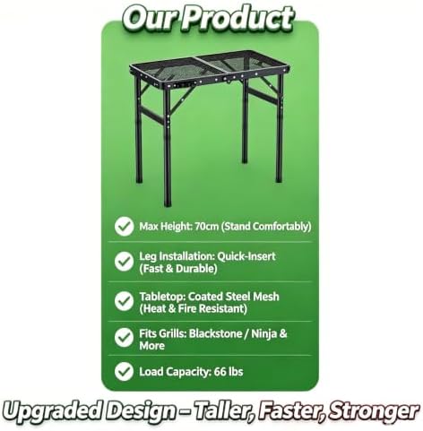 HOMGEN Folding Camping Grill Table-3 Heights Mesh Side Table for BBQ Stove-Lightweight 4.92lbs-Sturdy 66lbs-Portable Aluminum Frame for Outdoor Picnic Beach RV Patio – 58x40cm Desktop