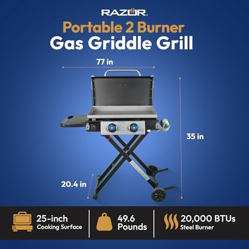 Razor Griddle GGC2030M 25 Inch Outdoor 2 Burner Portable LP Propane Gas Grill Griddle with Top Cover, Wheels, & Storage Shelf for BBQ Cooking, Black