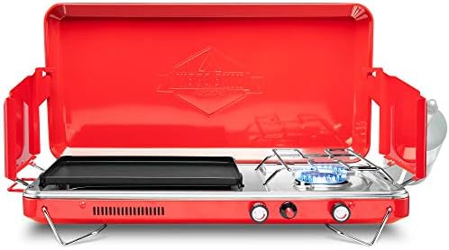 Hike Crew 2-in-1 Gas Camping Stove and Griddle, Portable Propane Burner w/Integrated Igniter & Stainless Drip Tray | Built-in Carrying Handle, Foldable Legs & Wind Panels | Includes Regulator