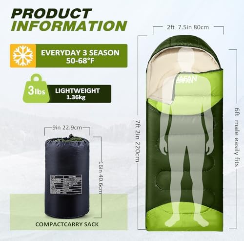 Lightweight Sleeping Bag for Adults, 3-Season Waterproof Backpacking Sleeping Bags with Compression Sack, Comfort Temp 50–68°F, Portable Camping Essential Gear for Travel, Hiking, Outdoor, Indoor