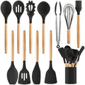 Silicone Cooking Utensil Set,12 PCS Cooking Cookware Kitchen Utensils Set for Cooking, Nonstick 446°F Heat-Resistant Cookware Kitchen Tools of Spoon,Brush,Whisk,Spatula,Turner Tongs (Black)