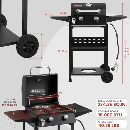 2-Burner Propane Gas Grill with Side Burner, Lid and Hooks