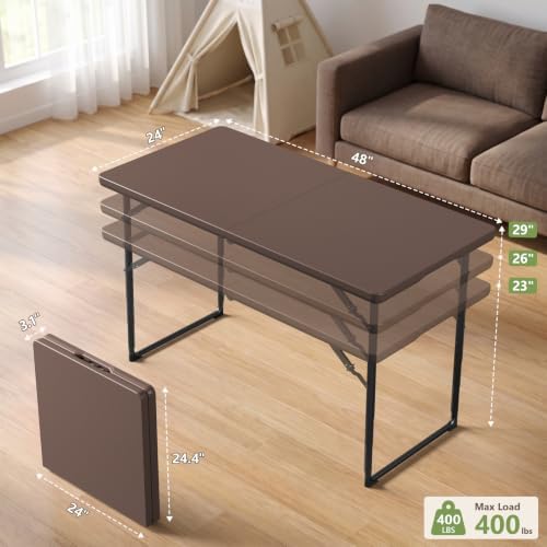 4FT Folding Table Adjustable Height Heavy Duty Plastic Folding Tables with Carry Handles, Fold-in-Half Portable Tables with Steel Legs for Party, Wedding, Camping, Picnic, Indoor Outdoor Events, Brown