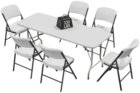 HULKFIT Portable 6-Piece Folding Table and Chairs Set, Heavy Duty 6ft Camping & Party Furniture for Indoor Outdoor Events, White