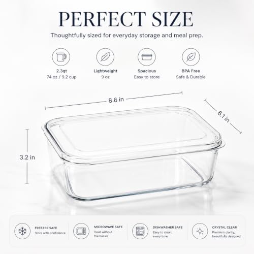 Lustroware Micro Clear Transparent Food Storage Containers with Lids – Large Capacity BPA-Free, Shatterproof, Dishwasher & Microwave Safe, 2.3 qt Refrigerator Organizer Bins, Made in Japan, Set of 6