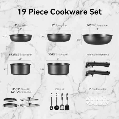 CAROTE 19pcs Pots and Pans Set Non Stick, Detachable Handle Cookware