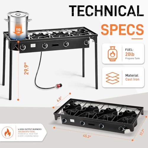 Outvita 4 Burner Propane Gas Stove for Outdoor Cooking, 300,000 BTU