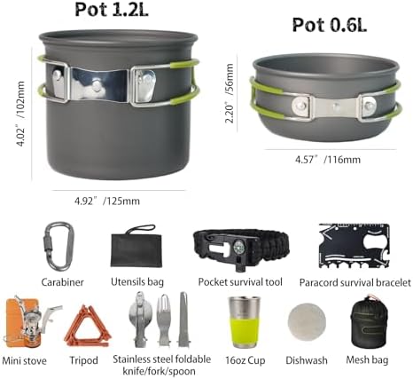Camping Cookware Mess Kit, 16 pcs Backpacking Cooking Set, Lightweight Camping Pots and Stove Set for 1-2 Person, Outdoor Cooking Gear Ideal for Camping, Hiking, Backpacking and Picnic