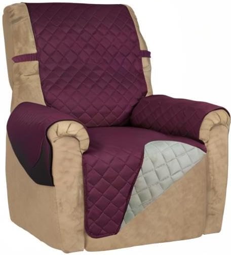 PureFit Reversible Quilted Recliner Sofa Cover, Water Resistant Slipcover Furniture Protector, Washable Couch Cover with Elastic Straps for Kids, Dogs, Pets (Small, Wine/Beige)