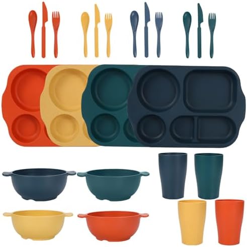 24 Pcs Wheat Straw Dinnerware Cutlery Sets,Unbreakable Divided Plates Bowls Cups Spoon Knife Fork for 4 People,Microwave Dishwasher Safe Tableware Cutlery for Party and Daily Use,Mix Color 2