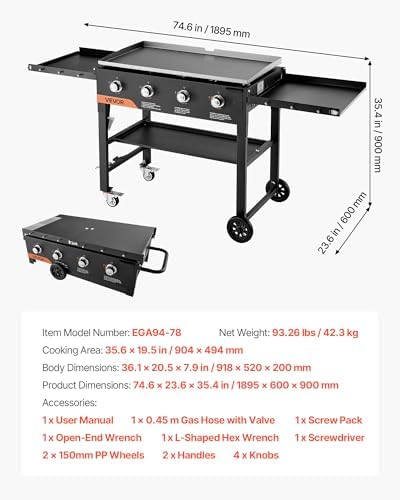 VEVOR Gas Griddle, 4-Burner Flat Top Grill, 36 inch Grill Plate Foldable Propane Griddle with Wheels, 60000 BTU Outdoor Flat Top Grills for Pan-Frying, Grilling, Stir-Frying, & BBQ, Pulse Ignition