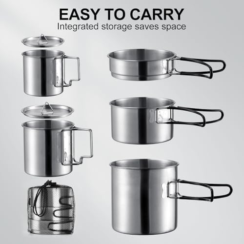 Stainless Steel Camping Cookware Mess Kit - Portable Backpacking Cooking Set with Pot/Plates/Cups & Storage Bag, Outdoor Cookware for Hiking, Picnic, Camping & Backpacking Adventures（8PCS）