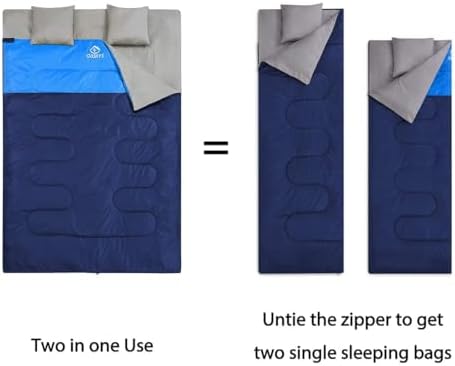 oaskys Double Sleeping Bag for Adults with 2 Pillows - Queen Size XL Waterproof Sleeping Bag for All Season Camping Hiking Backpacking 2 Person Sleeping Bags for Cold Weather & Warm