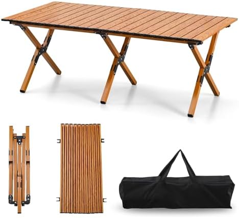 4Ft Aluminum Folding Camping Table, Portable Picnic Table, Outdoor Lightweight Collapsible Camp Table, Roll-up Camping Table for Beach,Party, Patio, BBQ, Travel, Backyard (Wood Upgraded Version)
