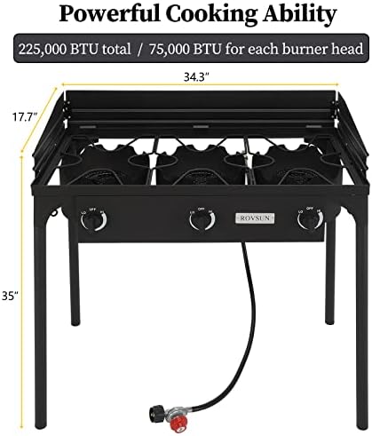 Bonnlo 3-Burner Outdoor Portable Propane Burner Stove 225,000-BTU Gas Cooker with Windscreen & Carrying Bag, Heavy Duty Iron Cast Patio Burner with Detachable Stand Legs for Camp Cooking