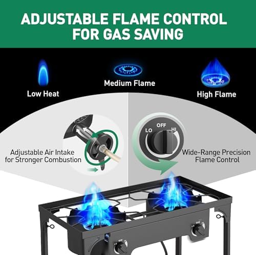 2 Burner Propane Camping Stove|150,000 BTU High-Pressure Gas Stove with Regulator|Portable for Backyard, Patio BBQ, Outdoor Cooking|parrillas de gas para cocinar afuera