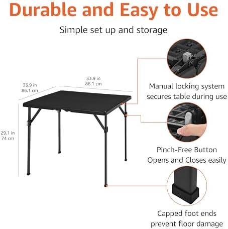 Amazon Basics 34 inch Portable Sturdy Folding Dining Table with Carrying Handle, Space Saving Storage, Square, 33.9 x 29.1 x 33.9 inch, Black