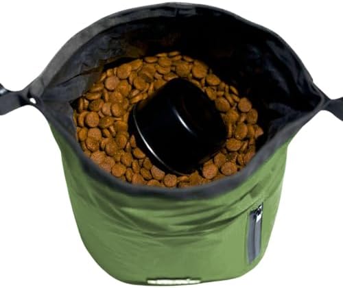 Callieco Dog Food Travel Bag w/ 1 Cup Scoop and Zipper Side Pocket | Waterproof Kibble Storage Container for Home, Road Trips, Camping, Boarding and More (Green, 32 Cups)