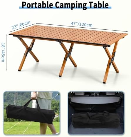 4Ft Aluminum Folding Camping Table, Portable Picnic Table, Outdoor Lightweight Collapsible Camp Table, Roll-up Camping Table for Beach,Party, Patio, BBQ, Travel, Backyard (Wood Upgraded Version)
