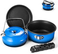 Odoland 5pcs Camping Cookware Non-Stick Camping Pot and Pan Set with Kettle and Removable Handle for Hiking Backpacking and Picnic