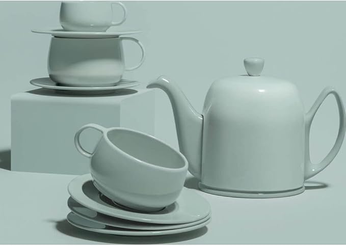 Degrenne Salam Luxury French Tea Pot - Porcelain Teapot with Stainless Steel Cover, Ceramic Tea Kettle for Loose Tea, Removable Infuser, 4 Cup Capacity, 24oz - Monochrome Mint