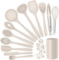 Silicone Kitchen Utensils Set, E-far 23 Pcs Khaki Cooking Utensils Tools with Holder for Nonstick Cookware, Include Spatula/Spoon/Ladle/Tongs/Turner, Heat Resistant & Nontoxic, Dishwasher Safe