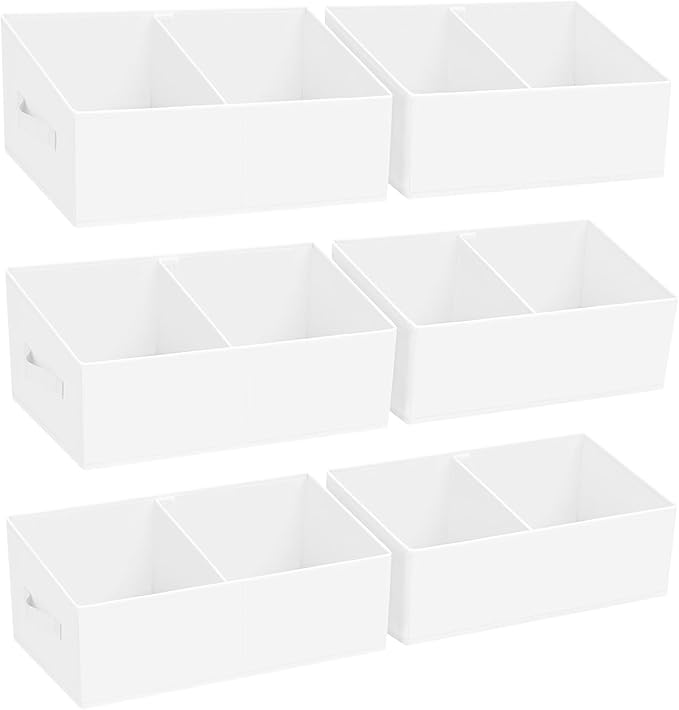 DIMJ Large Closet Shelf Organizer Bins 6 Packs with Handles and Divider, Fabric Trapezoid Storage Baskets, Foldable Clothes Containers Box for Shelf, Towel, Book, Toy, Purse, Hats, ,White